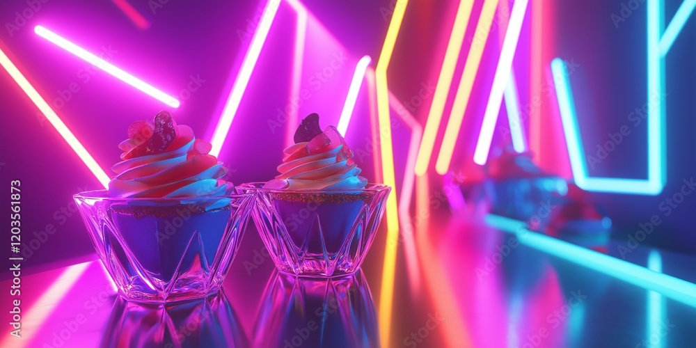 Poster abstract background with desserts and sweets and futuristic neon lights with sharp geometric forms.