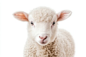 Adorable lamb, fluffy fleece, white background.