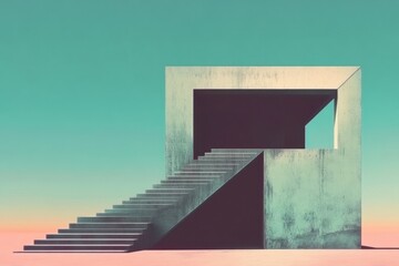 Abstract architectural structure with surreal staircase vibrant sky