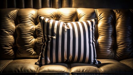 Fototapeta premium Black and White Striped Pillow on Dark Couch - Warm Lighting, Surreal Photography