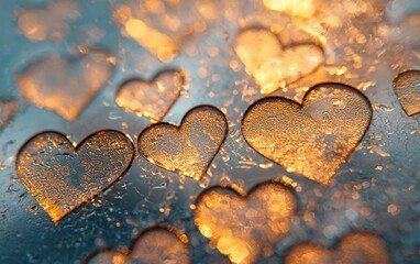 Obraz premium Transparent hearts on a frosted glass surface with a hint of gold