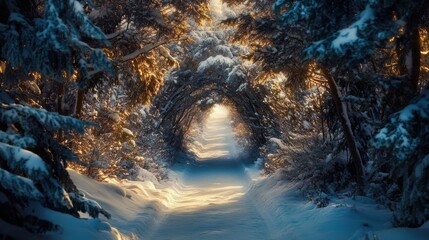 Fototapeta premium Snowy forest path with fir trees and blue sky