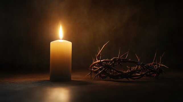 A dark, moody composition of a single candle burning next to a crown of thorns, evoking the solemnity of Good Friday, with room for copy.