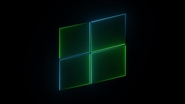 Abstract neon glowing windows icon with black background animation.
