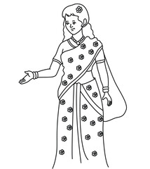 Cute cartoon hand drawn vector Beautiful young girl in traditional Indian dress coloring page.