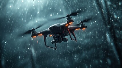 A drone in flight, captured from below, its sleek body and rotating propellers set against a dramatic stormy sky, with dark clouds looming and the first drops of rain falling.
