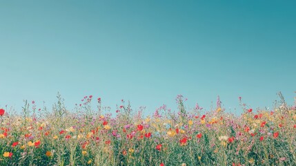 A field of wildflowers in full bloom under a clear blue sky, symbolizing renewal and the joy of Easter Sunday, with ample copy space.