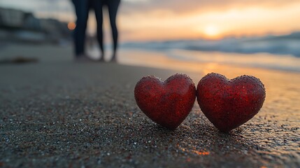 Fototapeta premium Romantic Sunset Beach Two Red Hearts on Sand