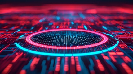 Obraz premium A vibrant, futuristic digital design featuring glowing circular patterns and data streams in red and blue tones.