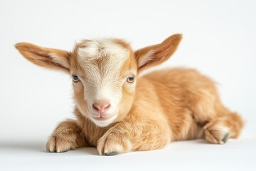 Naklejka premium Adorable baby goat with light brown fur and big blue eyes.