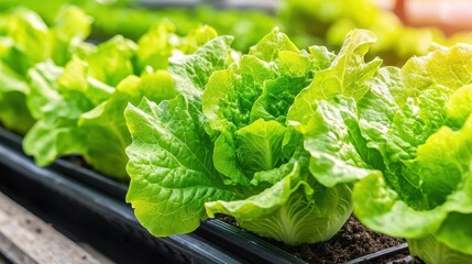 Fresh green lettuce growing in a garden tray, healthy and vibrant.