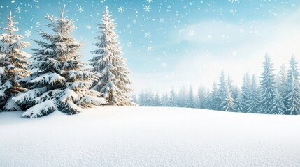 Fototapeta premium A serene winter wonderland background featuring a blanket of glistening white snow covering a peaceful forest landscape, with snow covered pine trees, a clear blue sky