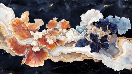 Intricate Watercolor Illustration of Vibrant Lingzhi Mushrooms on a Cosmic Black Background