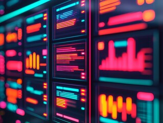 Fototapeta premium A vibrant display of data visualizations and analytics, showcasing colorful graphs and charts on illuminated screens.