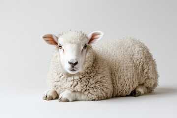 Adorable lamb resting on white background