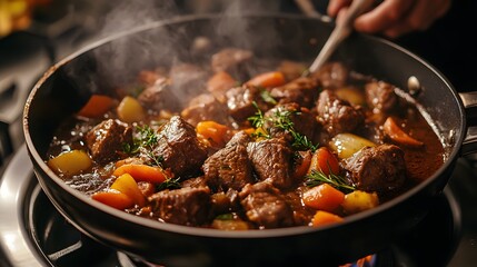 Chef Preparing Beef Bourguignon in Restaurant Kitchen