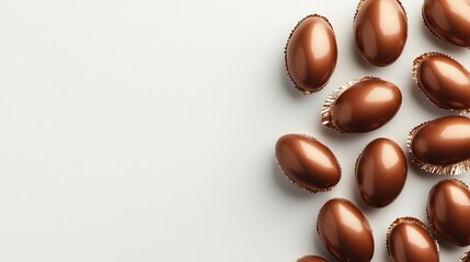 Obraz premium A group of shiny chocolate eggs in metallic wrappers arranged neatly on a neutral background, creating a minimal design with ample copy space.