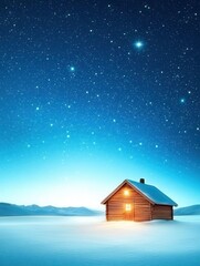 Cozy cabin illuminated at night under a starry sky in a snowy landscape.