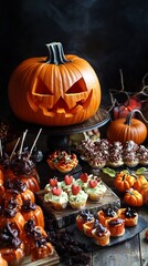 Spooky Halloween Treats Darkly Lit Table. AI Generated