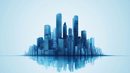 Fototapeta premium A futuristic blue skyline reflecting on water, featuring tall buildings and a serene atmosphere.