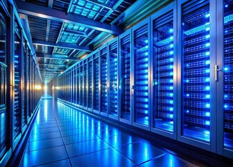 Obraz premium Blue-Lit Server Racks in Modern Data Center - Long Exposure Stock Photo