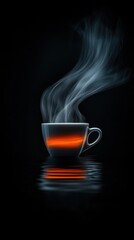 Steaming cup of coffee with reflection in dark background