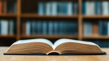 Obraz premium A close-up of an open book on a wooden surface, with a blurred library background full of bookshelves.