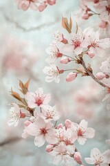 Obraz premium Watercolor wallpaper with blooming cherry blossoms in delicate pinks and whites, with a soft, blurred background evoking springtime serenity