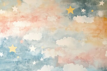 Whimsical watercolor wallpaper with playful patterns of scattered stars and clouds in soft pastel tones
