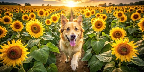 Adorable Dog Surrounded by Vibrant Sunflowers: Aerial Drone Photography Capture of a Playful Pup in a Beautiful Floral Field