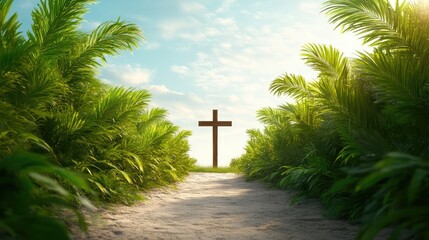 A pathway lined with palm leaves leading to a small wooden cross, with a serene sky in the background and room for copy space.