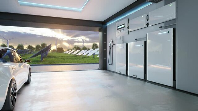 Electric Car With Home Energy Storage System Based On A Lithium Ion Battery Pack Situated In A Modern Garage With View On A Vast Landscape With Solar Power Plant And Wind Turbine Farm