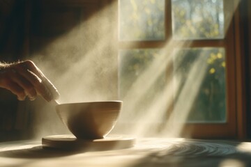 Sunlit room highlights steaming ceramic bowl
