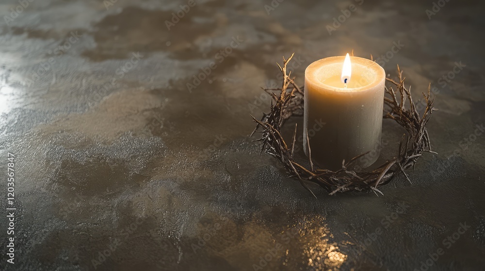 Poster a rustic crown of thorns and a single lit candle placed on a stone surface, with soft shadows creati