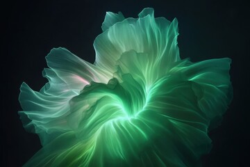 Abstract green floral design with flowing petals in dark background