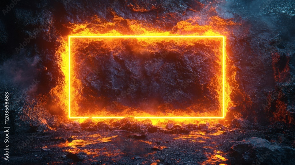Aufkleber neon yellow rectangular frame surrounded bright amber laser light casting a warm futuristic glow on 