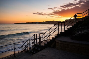 Bondi Beach Silhouette: Staircase Descending into Ocean at Sunset
