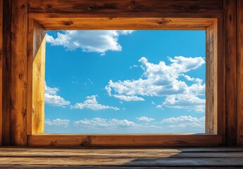 A Peaceful View Through a Wooden Window Framing a Clear Blue Sky with Fluffy Clouds, Inviting Nature’s Beauty and Tranquility into Any Space