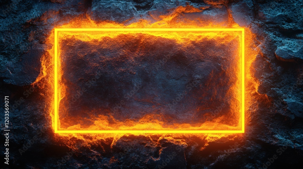 Poster neon yellow rectangular frame surrounded bright amber laser light casting a warm futuristic glow on 