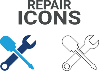 Repair icon. Contains fix, maintenance, toolbox, assistance, broken, troubleshoot, patch, and repairman service icons. Solid icon collection. Vector illustration.