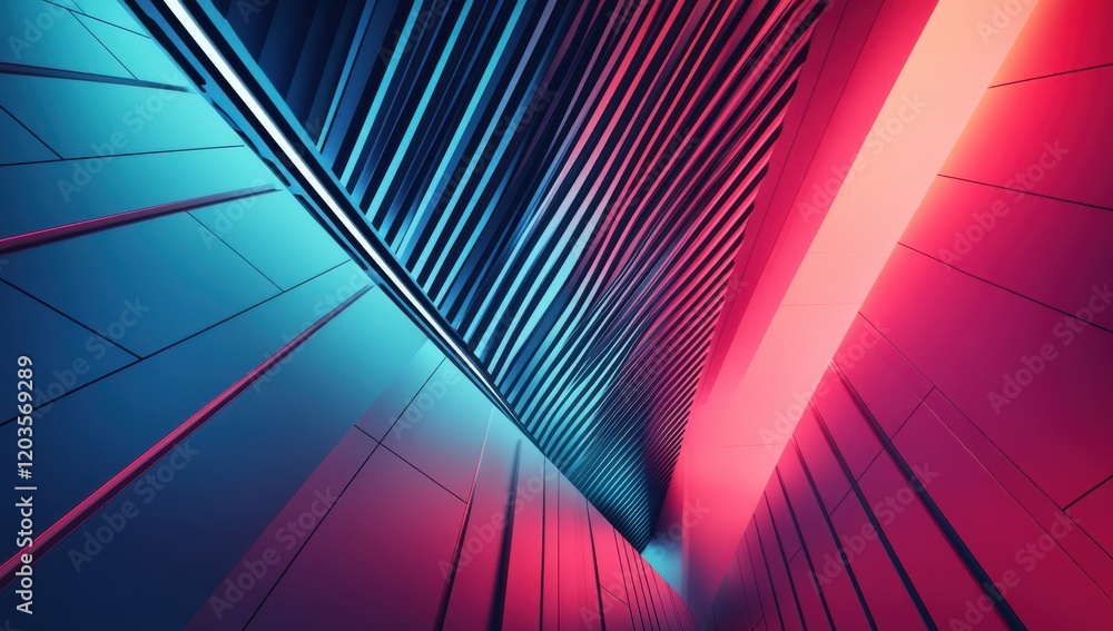 Poster abstract geometric design with vibrant blue and red neon lights illuminating angular architectural s