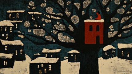 Whimsical night scene with snow-covered houses and child in treehouse