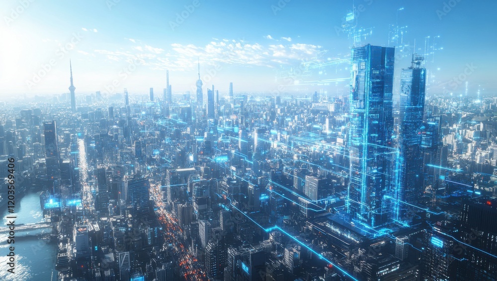 Aufkleber aerial view of a futuristic cityscape with high-tech buildings and digital elements highlighting urb
