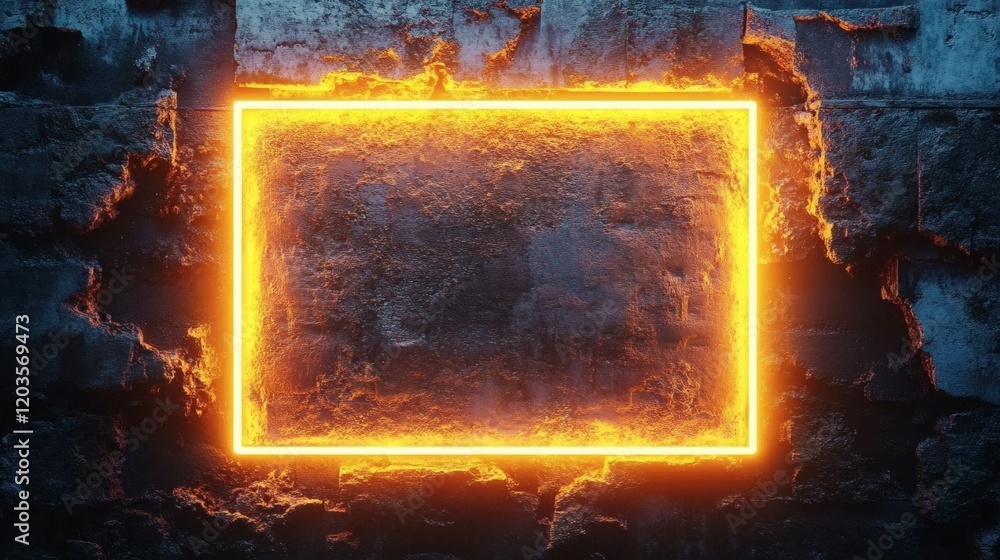 Poster neon yellow rectangular frame surrounded bright amber laser light casting a warm futuristic glow on 