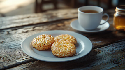 a plate of golden-brown ANZAC biscuits, with a slightly chewy texture and crisp edges, served on a rustic wooden table alongside a cup of tea and a small jar of golden syrup