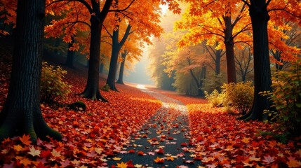 Obraz premium Autumnal Pathway A Serene Stroll Through a Canopy of Crimson and Gold Leaves
