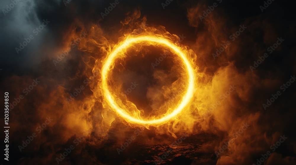 Poster radiant neon yellow circle illuminated a laser glow and swirling smoke creating an energetic frame a