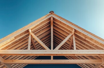 Obraz premium Architectural Detail of Wooden Roof Truss Structure Against Clear Blue Sky Showcasing Modern Design and Craftsmanship in Construction
