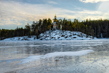 Valaam Monastery. Holy Island in beautiful winter. Karelia, Russia. Travel, religion and tourism	