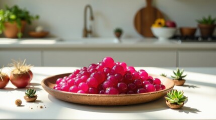 Sunlit Kitchen Scene with Vibrant Pink Spheres in a Rustic Bowl, Adorned with Miniature Succulents